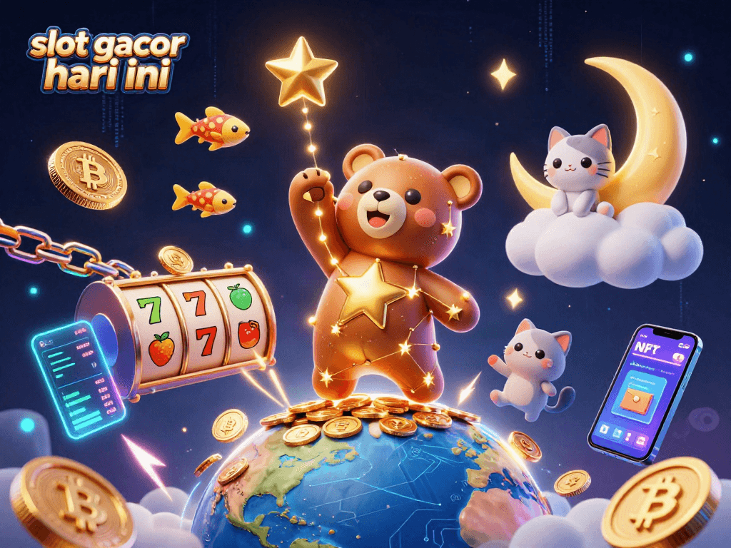 Engage with slot gacor hari ini as a constellation bear scoops up coins amidst neon-lit slot reels.