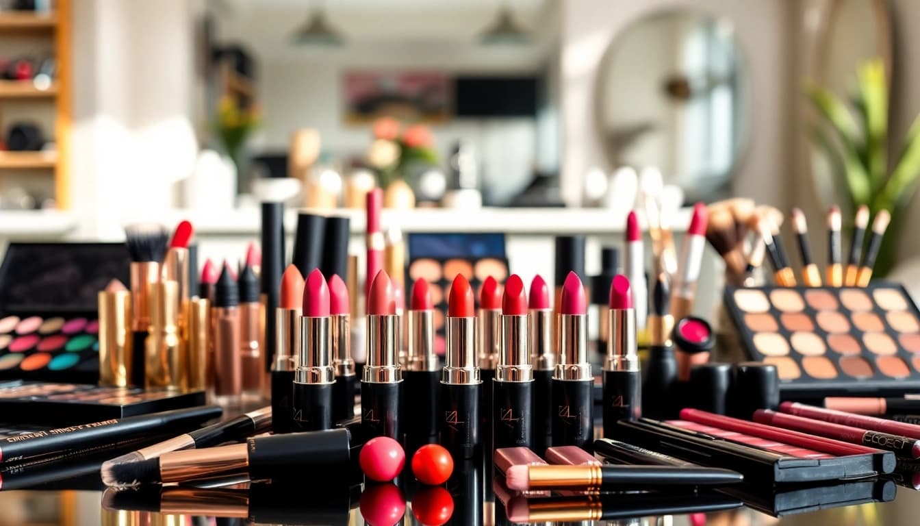 Shop wholesale makeup products with a stunning array of cosmetics displayed elegantly.
