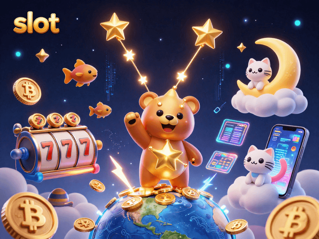 Mengumpulkan slot jackpot dengan karakter beruang bintang dan koin emas, menampilkan suasana kasino yang menarik.