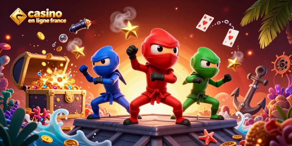Jouer dans un casino en ligne France avec des caméléons ninja et des éléments de jeu colorés.