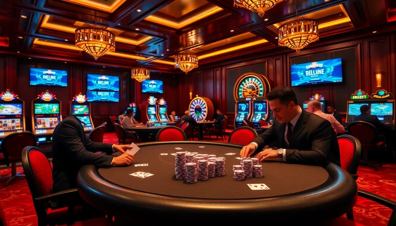 L'excitation des jeux de poker dans un casino fiable en ligne luxueux, avec des joueurs engagés autour de la table.