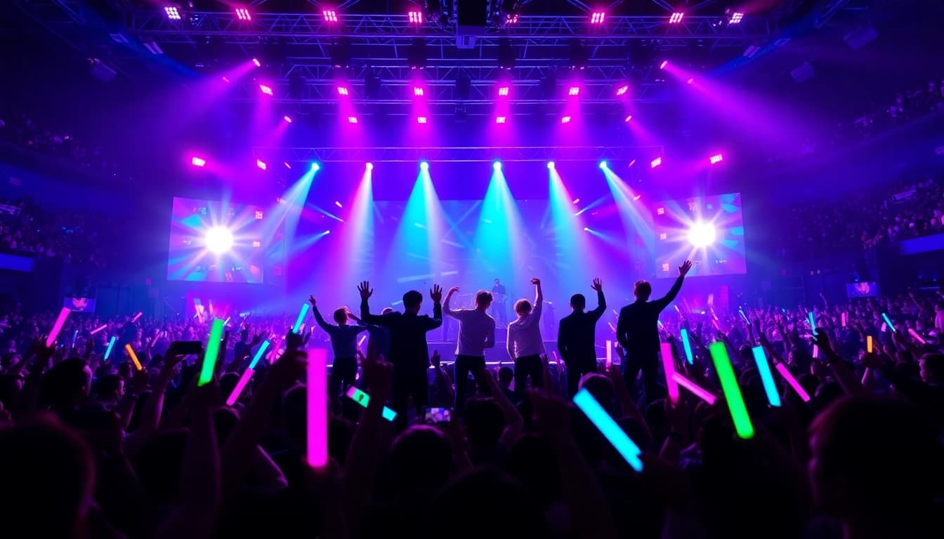 BTS news highlights energetic concert scene with members performing on stage, captivating fans.