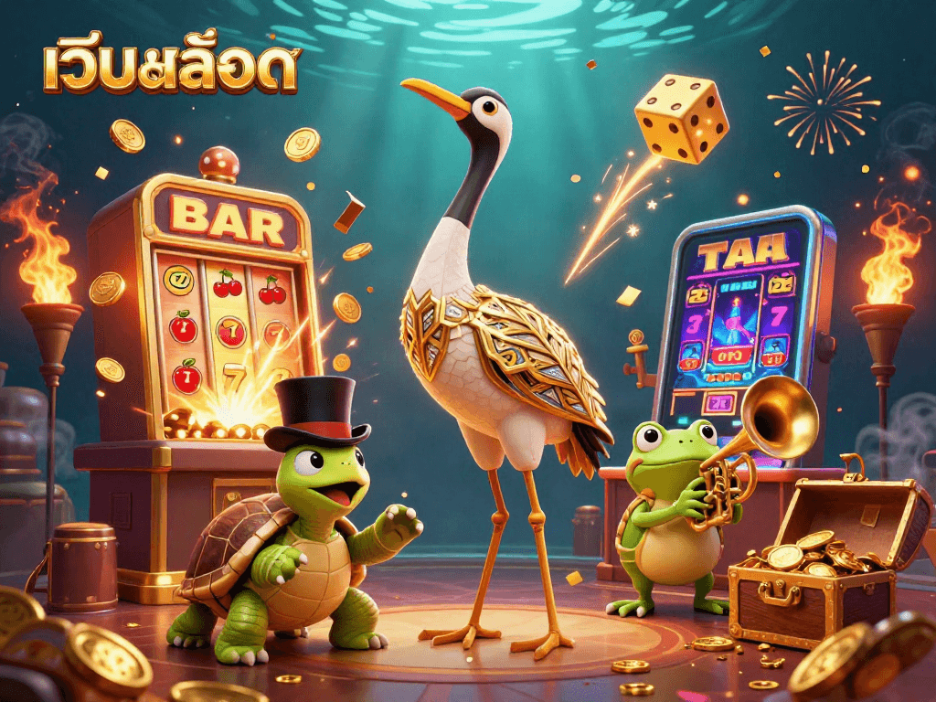 Experience excitement at เว็บสล็อต with a vibrant 3D casino illustration of frog, turtle, and crane.