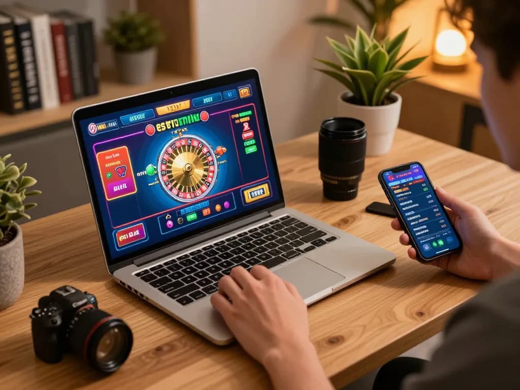 Playing exciting games at a casino online esteri on a laptop, showcasing vibrant roulette and strategic betting.