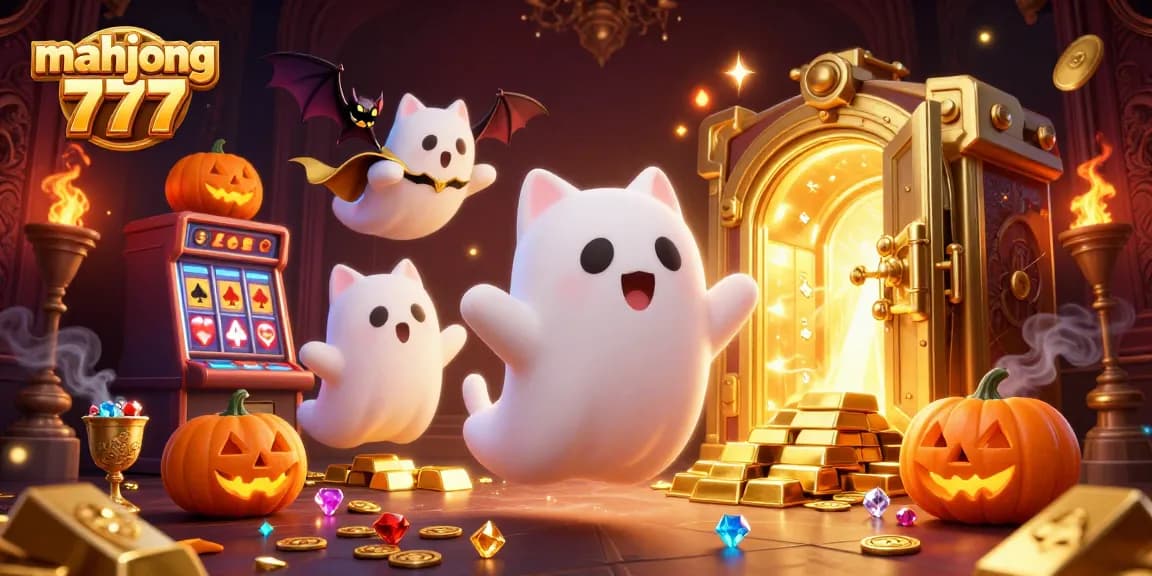Engage with mahjong 777 in this vibrant casino scene featuring a friendly ghost cat and treasures.