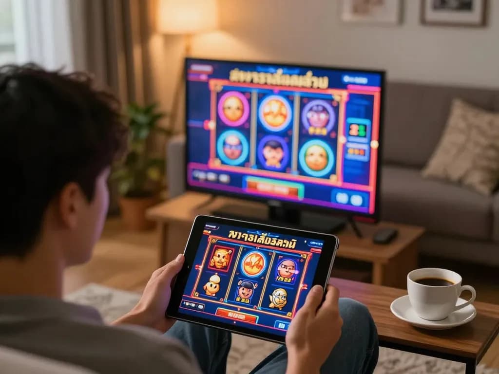 Engaging scene of a player trying ทดลองเล่นสล็อต on a tablet in a warm home setting with coffee.