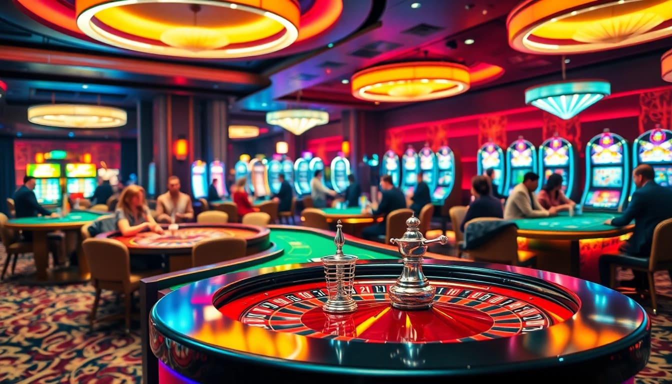 Jouer à des jeux de casino fiable en ligne à des tables colorées avec des joueurs et des croupiers enthousiastes.