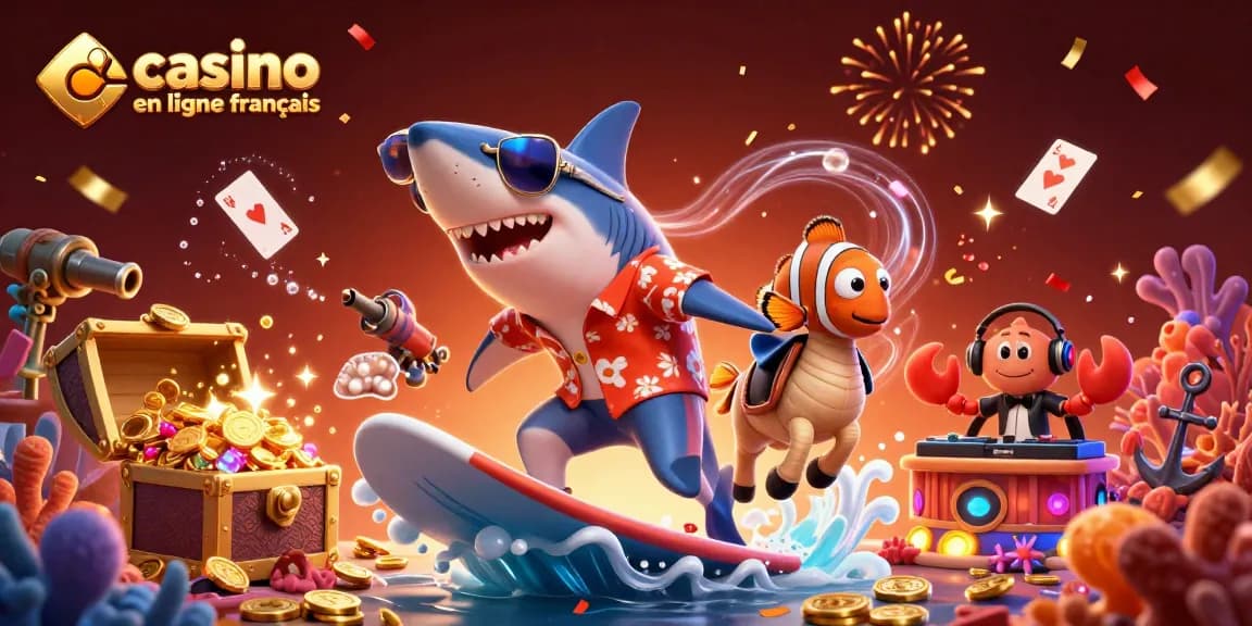 Jouez dans un casino en ligne français avec un poisson clown stylé et un requin surfant sur des pièces d'or.