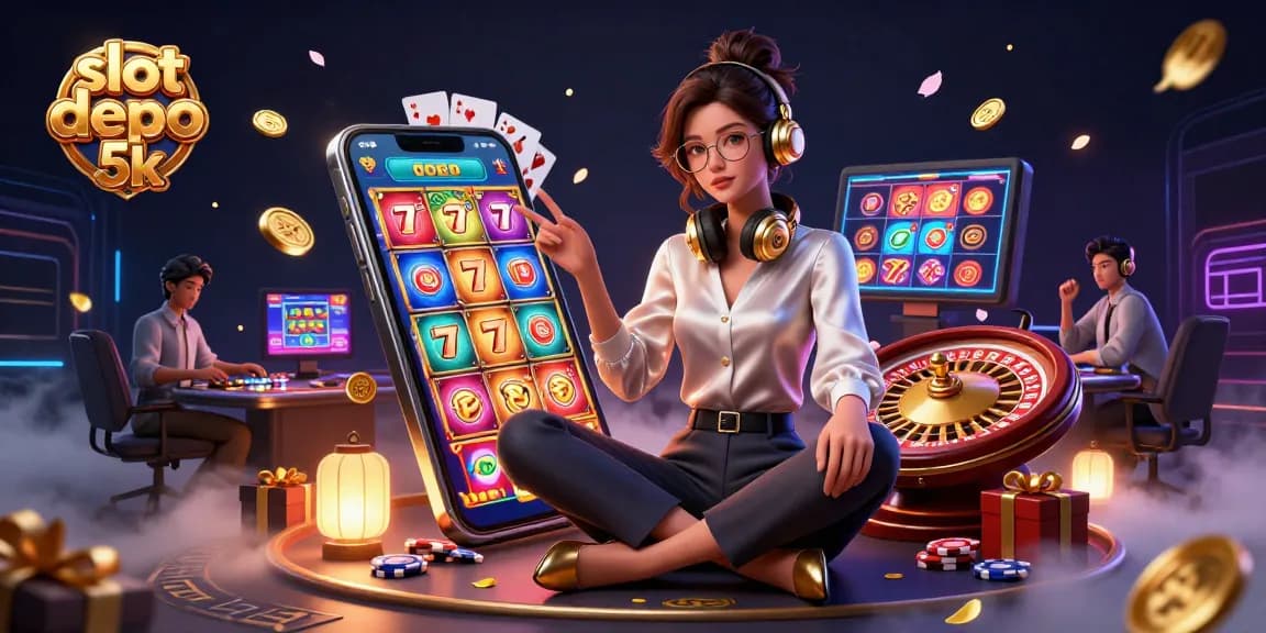 Spin and win with slot depo 5k as colorful reels and coins erupt in a dynamic casino scene.