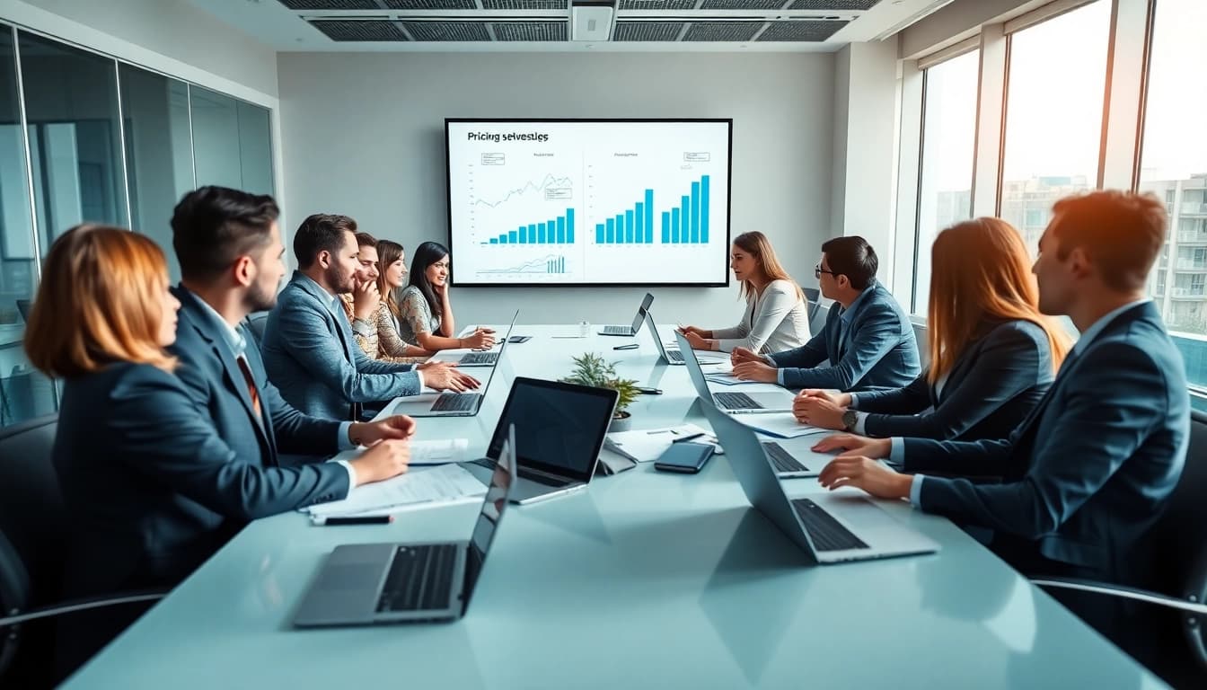 Discussing competitor pricing strategies in a modern conference room.