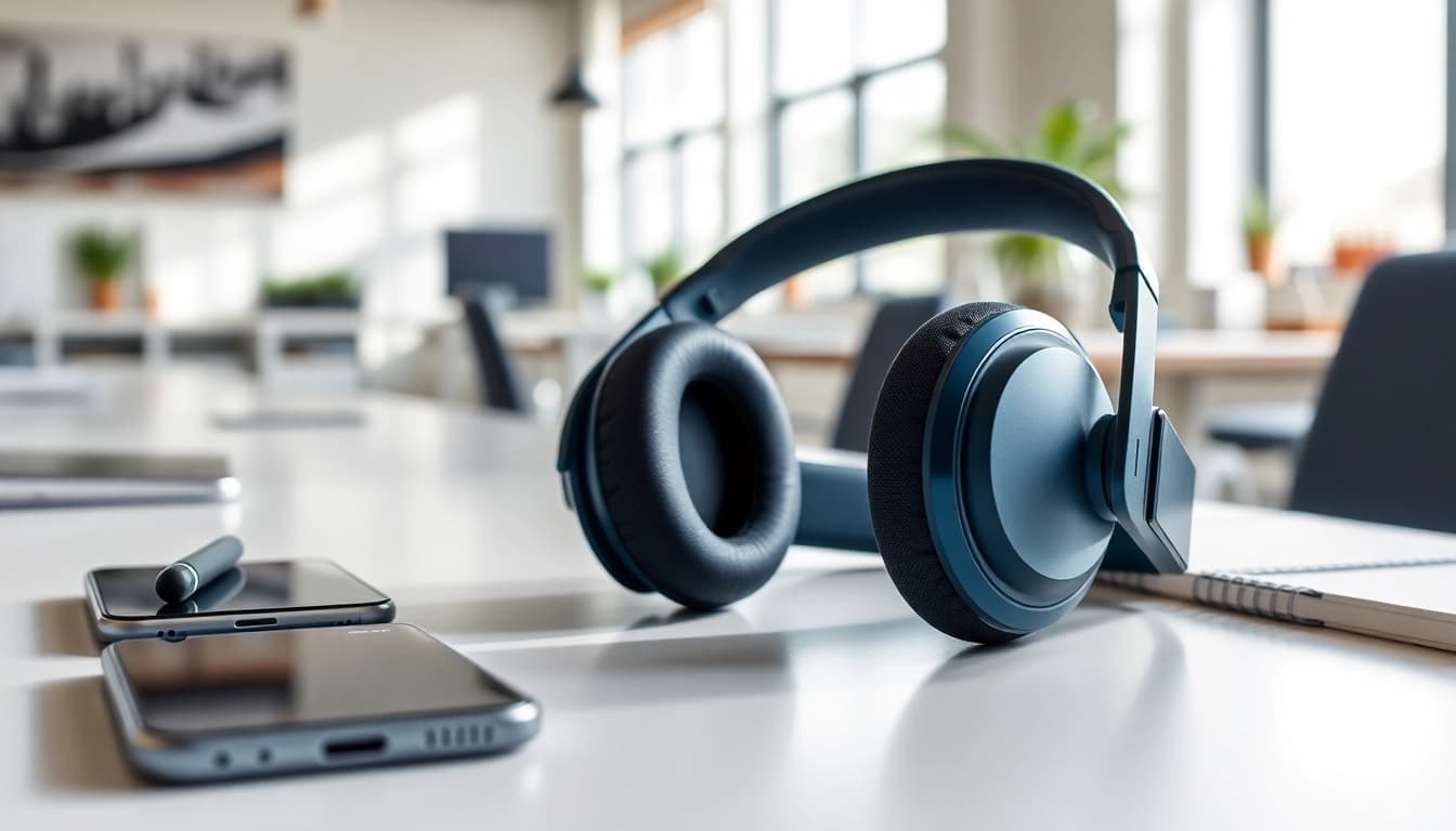 Showcase the Bone X1 Bone Conduction Headphones in a modern workspace setting.