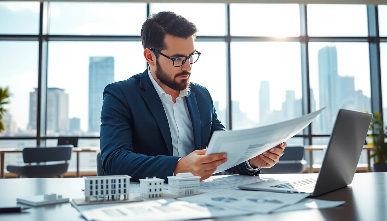 Real Estate Developer analyzing architectural plans in a bright office setting.