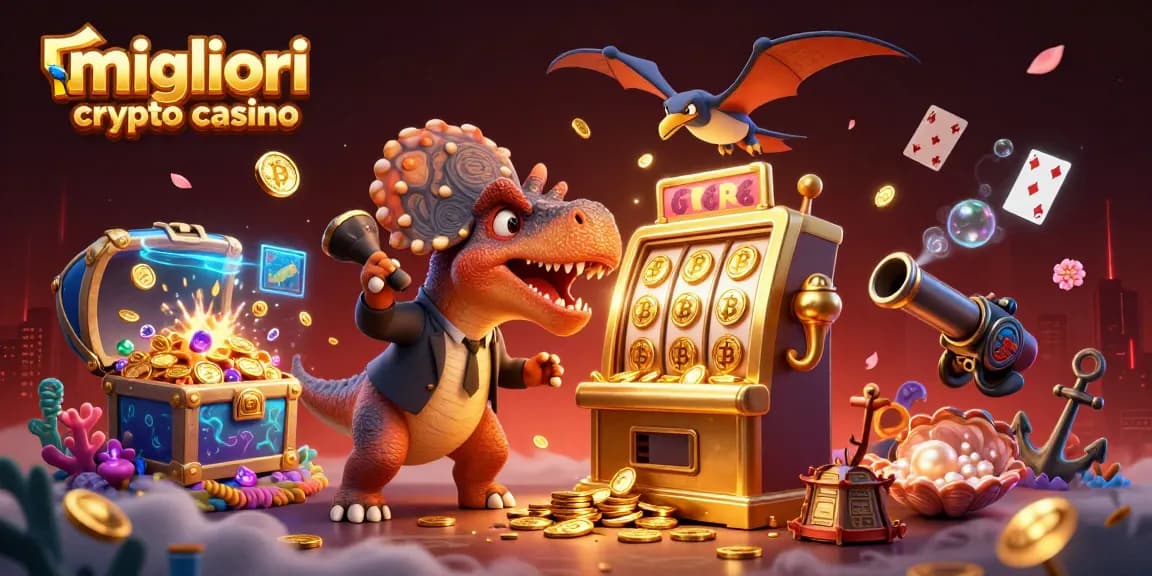 Gioca nei migliori crypto casino mentre un pachycefalosauro colpisce una slot machine d'oro per vincere, circondato da monete e premi.