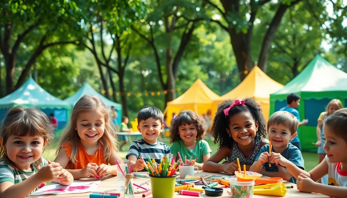 Children enjoying various activities at holiday camps surrounded by nature.