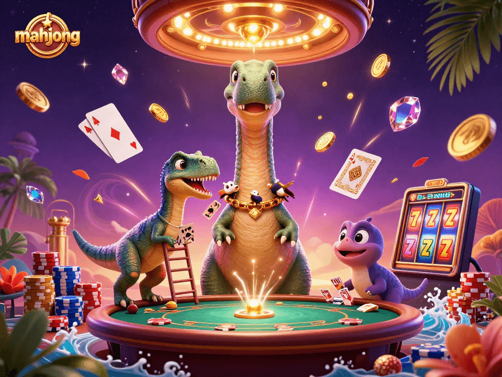 Feel the excitement of mahjong with dynamic casino illustrations featuring colorful coins and characters.