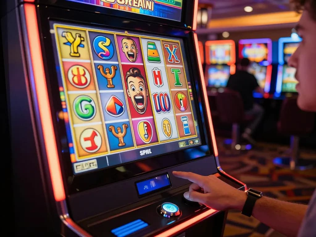Player engaging with slot machine as colorful reels align for a potential win, showcasing the thrill of gambling action