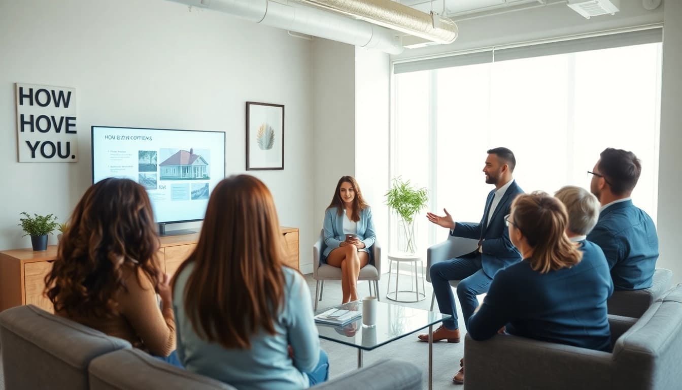 Engaging real estate discussion between an agent and clients in a modern office setting.