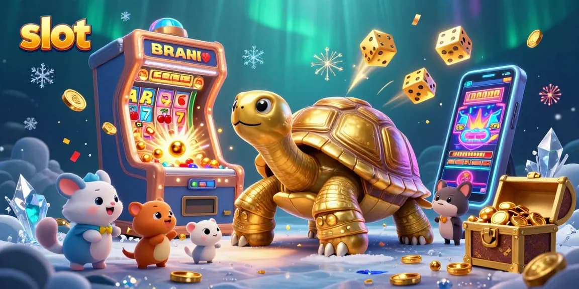 Spin exciting slot reels and win as the colossal golden tortoise hosts a vibrant casino scene.