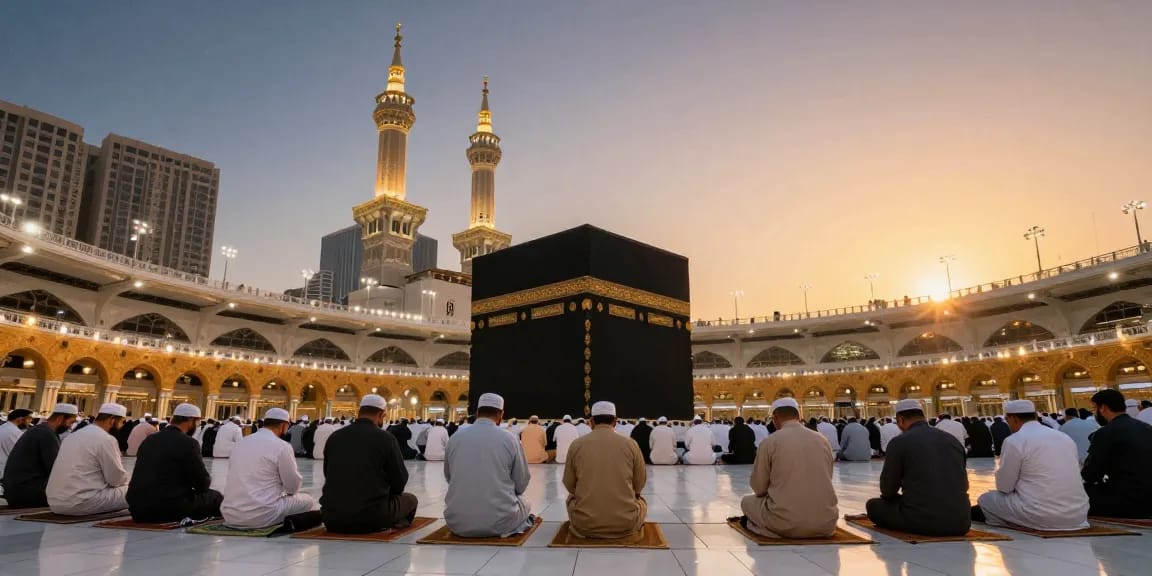 A vibrant scene showcasing umroh full ramadhan at the Kaaba, cultural tourism experience in Makkah, pilgrims engaged in sacred prayers.