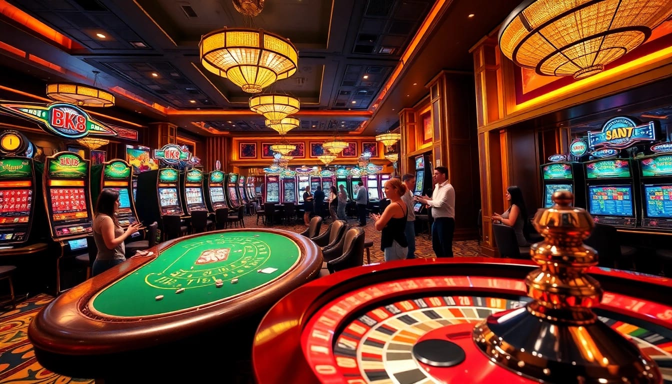Engaging players at bk8 สล็อต in a luxurious casino atmosphere surrounded by vibrant slot machines.