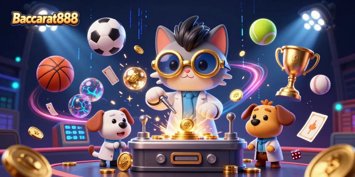 Baccarat888 promotes high-stakes gaming with a mad scientist cat and lab assistant dog in a vibrant casino lab.