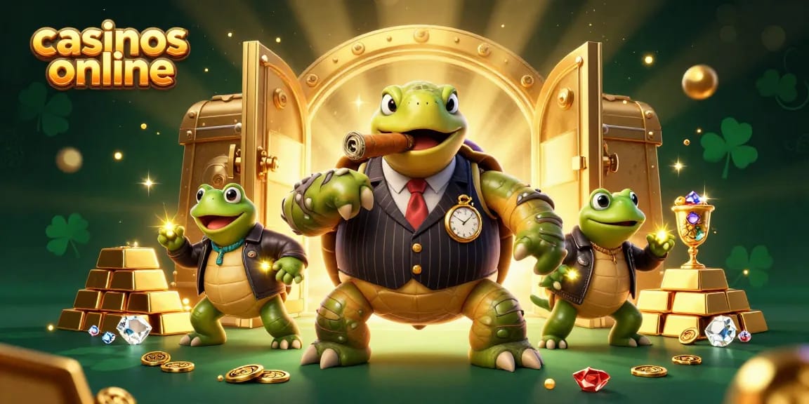 Gana en casinos online mientras disfrutas de una escena vibrante con personajes caricaturescos y tesoros.