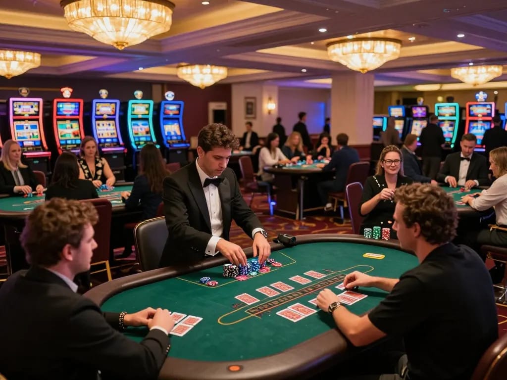 Players enjoying blackjack at 789bet casino, capturing the thrill of the game with vibrant decor and engaged atmosphere.