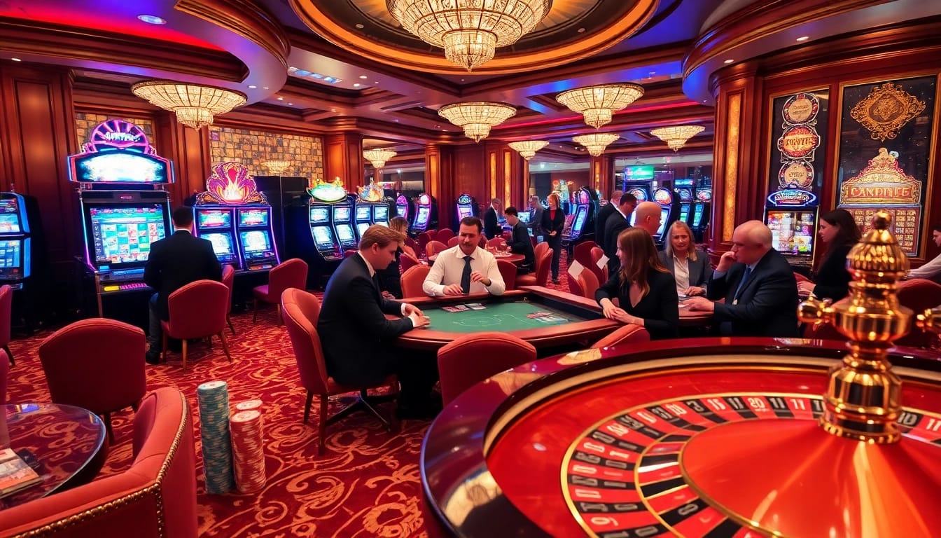 Découvrez l'excitation du casino fiable en ligne avec des joueurs profitant du poker et de la roulette dans un cadre élégant.