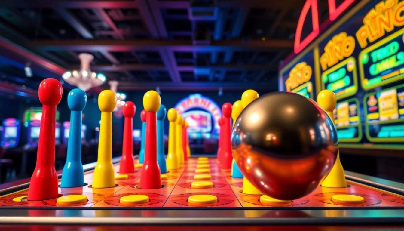 Permainan situs plinko yang menarik dengan bola berkilau dan pegs berwarna-warni