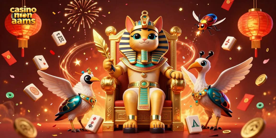 Illustrazione coinvolgente di un gatto faraone con elementi vibranti di casinò non AAMS come monete d'oro e amuleti fortunati.