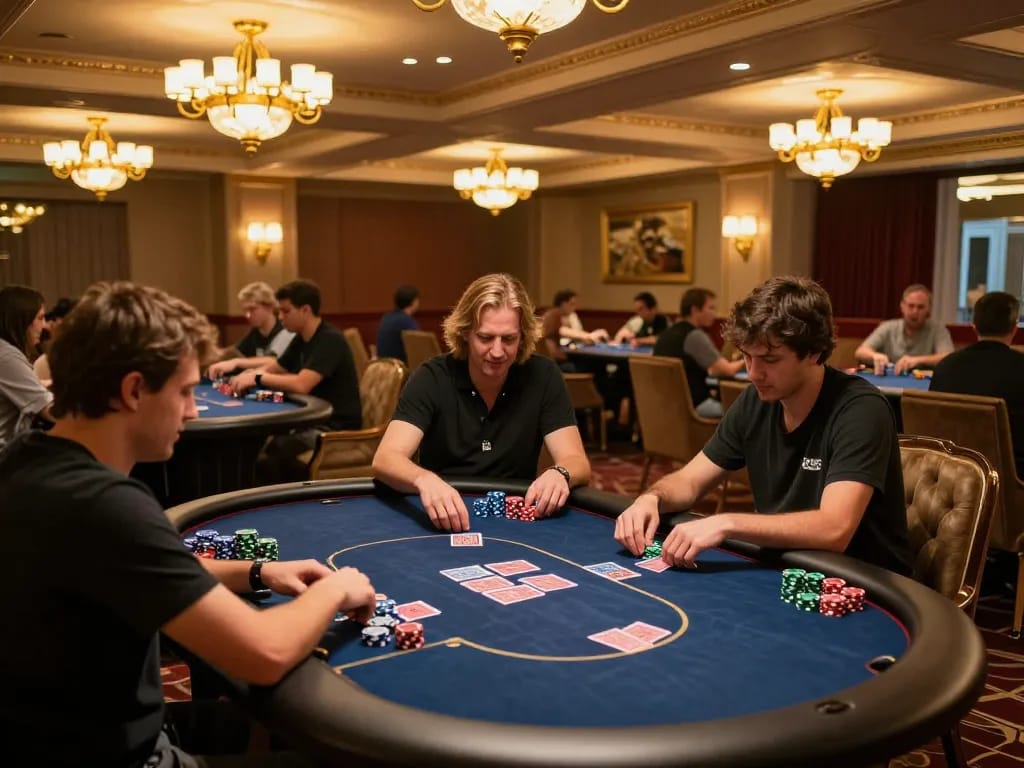 Engaged players enjoying Mahjong Ways at a stylish casino, highlighting competitive gameplay.