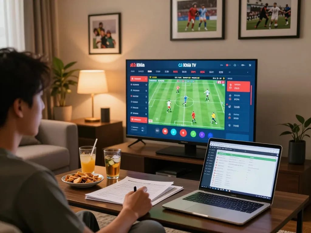 Cà Khịa TV user engaging in sports betting action from a cozy living room setup with odds on display.