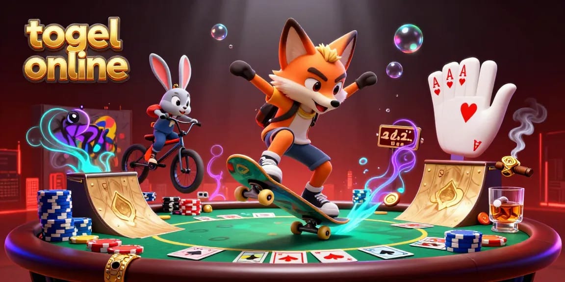 Ilustrasi 3D kartun menunjukkan karakter rubah melakukan kickflip di atas chip poker emas, menyampaikan keseruan togel online.