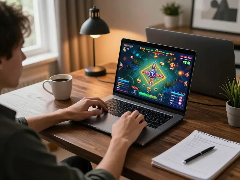 Tài xỉu online uy tín gameplay scene showcasing an engaged player using a laptop in a cozy home office