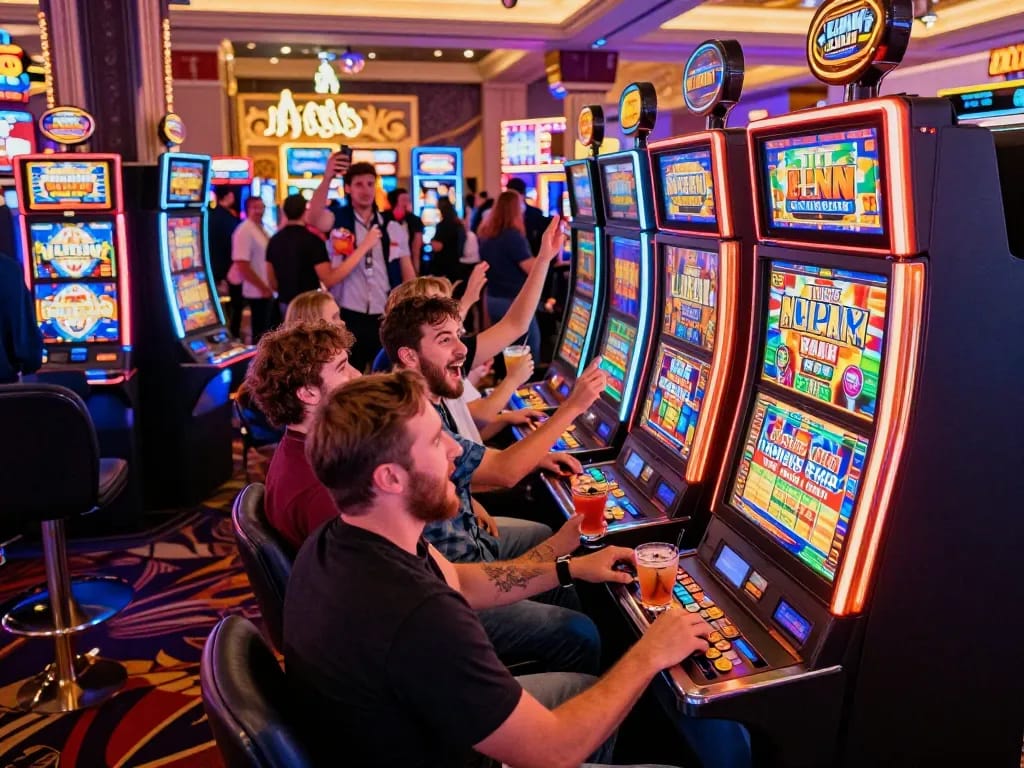 Mesin slot link yang menarik di kasino Las Vegas yang ramai dengan pemain merayakan kemenangan mereka.