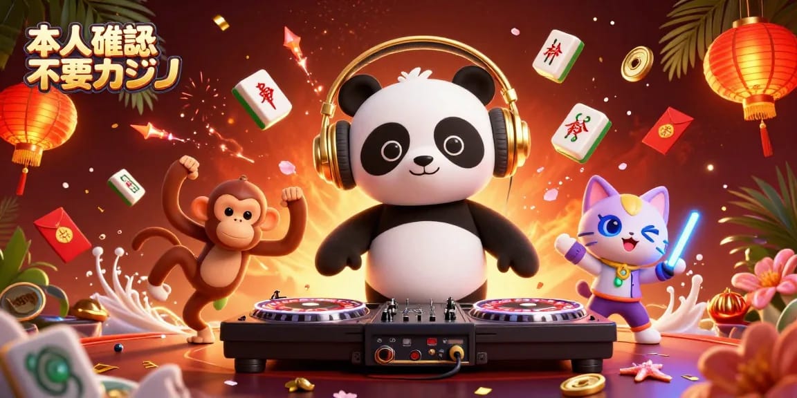 本人確認不要カジノで楽しめる、DJパンダとダンスするモンキーたちの賑やかなシーン。