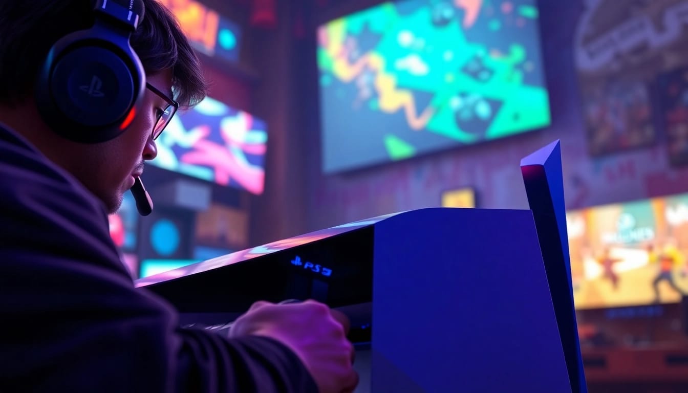 Engaging scene depicting PS5 Pro game reviews surrounded by gaming elements and vibrant graphics.