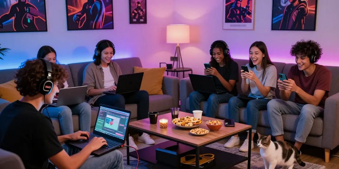 Group of friends enjoying xxx games in a vibrant living room with gaming devices.