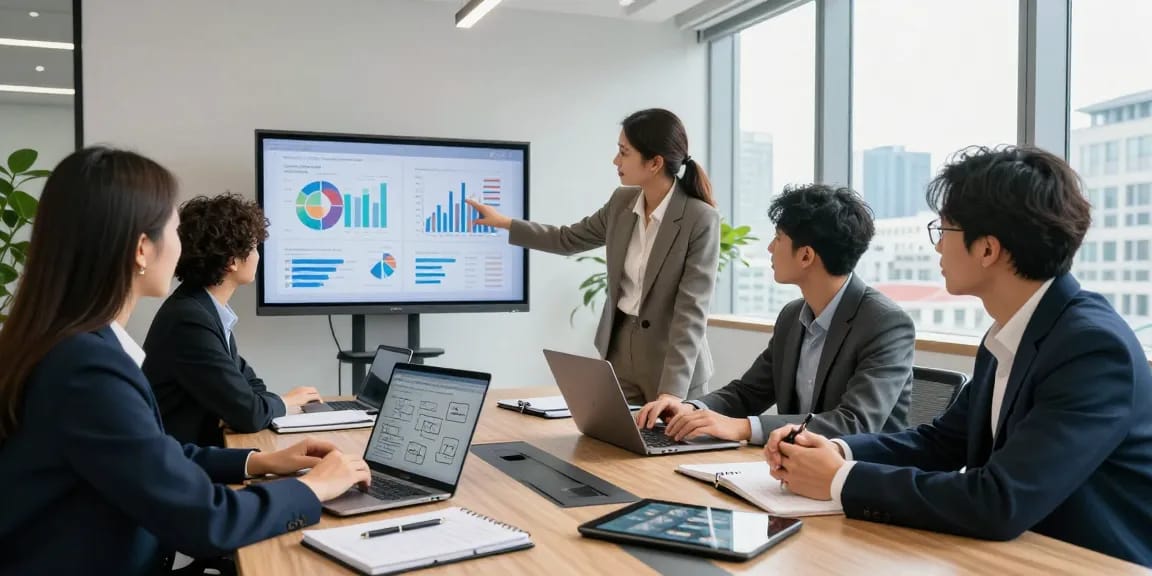 A diverse team collaborating in a modern office, showcasing https://factors.org.uk through digital presentations and vibrant city views.