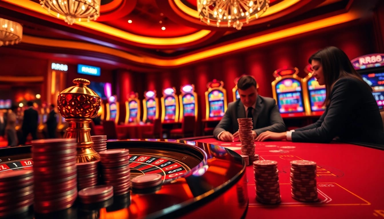 Experience high-stakes action at RR88 with vibrant casino tables, glowing roulette wheels, and eager players.