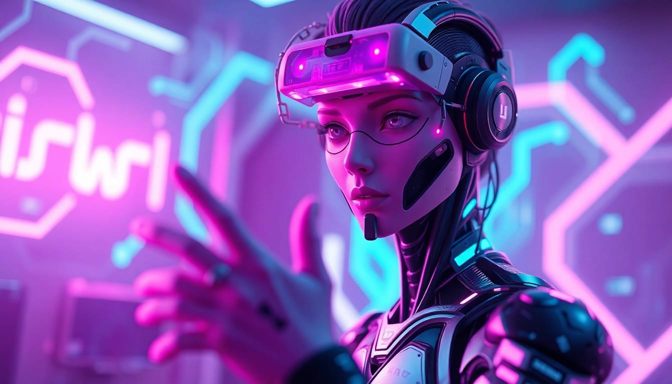 AI nsfw character in a vivid futuristic setting, showcasing cybernetic features with neon glows.