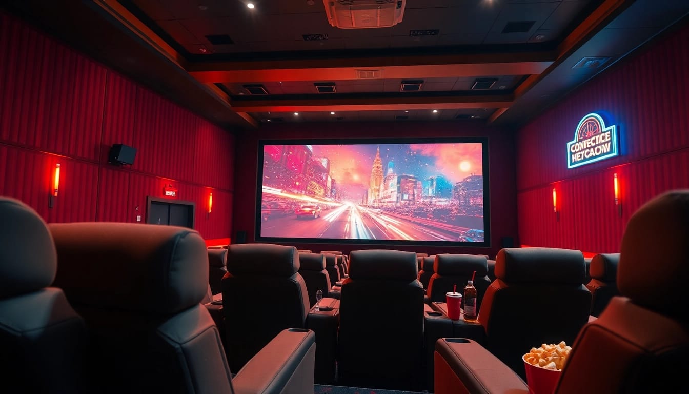 ดูหนัง ในโรงภาพยนตร์ที่ตกแต่งอย่างหรูหรา มีบรรยากาศอบอุ่นและเต็มไปด้วยสีสัน