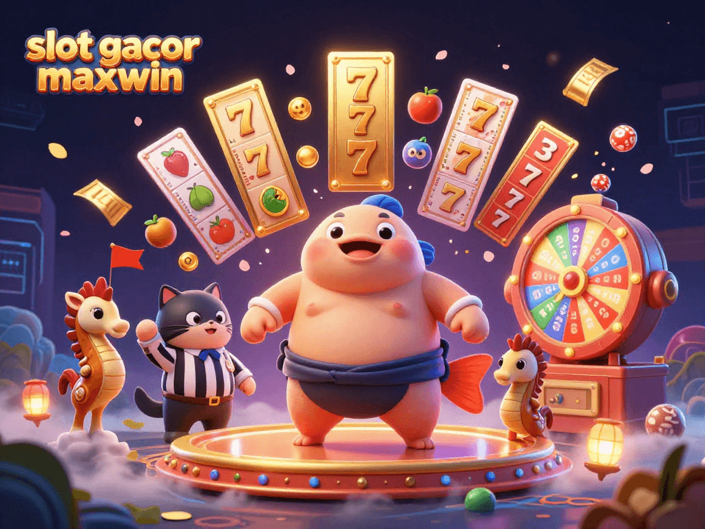 Visualisasi menarik slot gacor maxwin dengan karakter kartun dan elemen kasino yang dinamis
