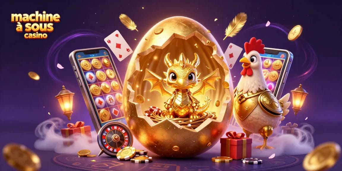 Jouer à la machine à sous casino avec un dragon doré et des jetons de poker en arrière-plan.
