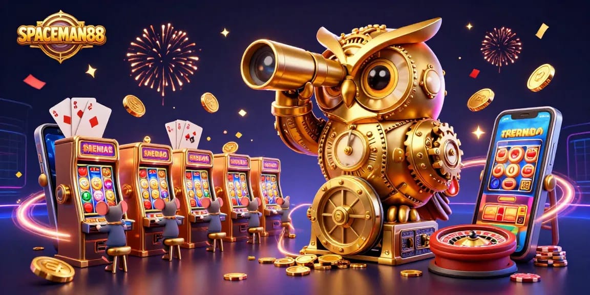 Experience SPACEMAN88 thrills as a massive clockwork owl oversees a vibrant casino floor.