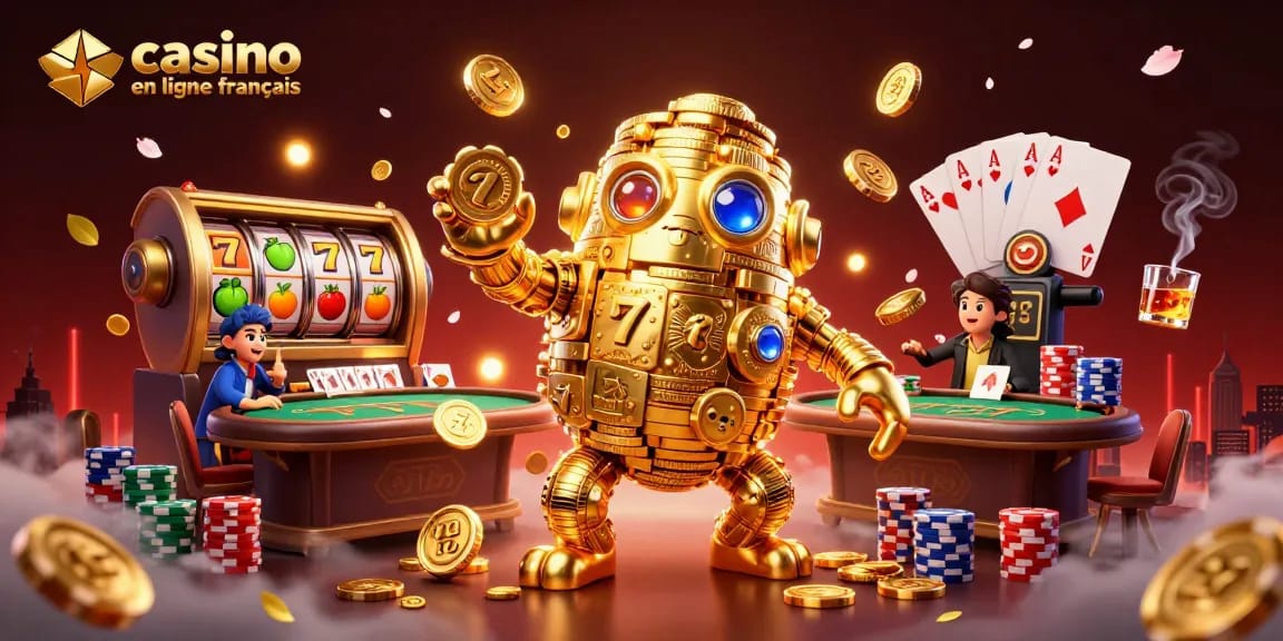Découvrez le casino en ligne français avec des machines à sous colorées et des jetons de poker.