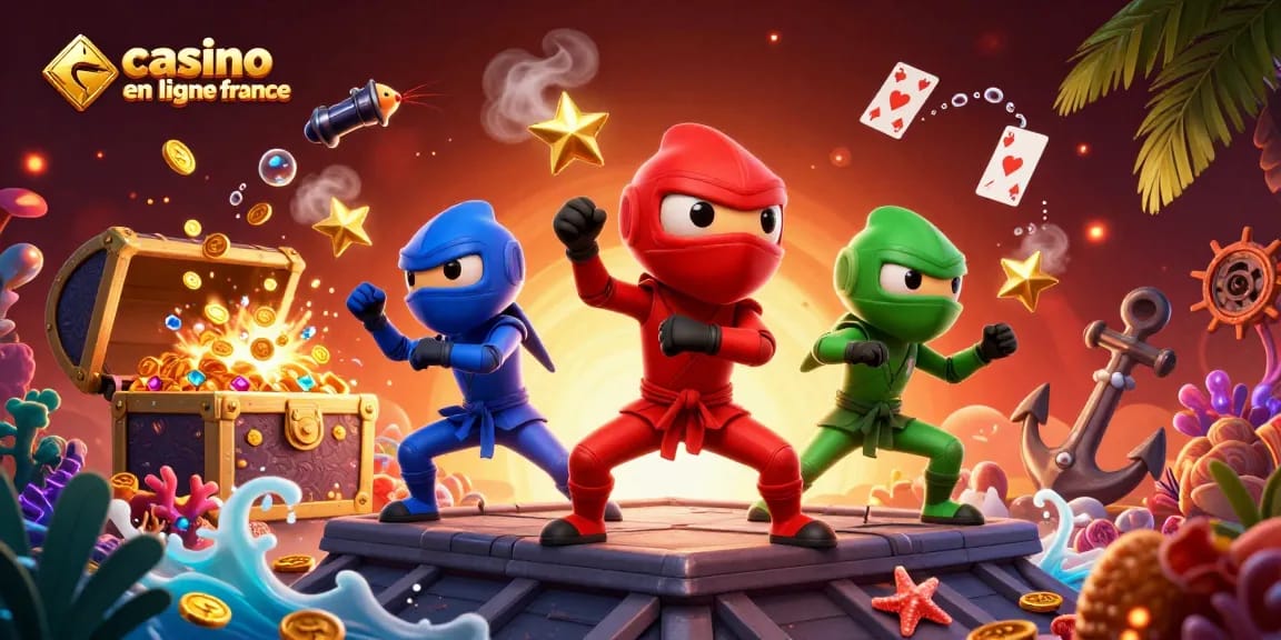 Jouer dans un casino en ligne France avec des caméléons ninja et des éléments de jeu colorés.