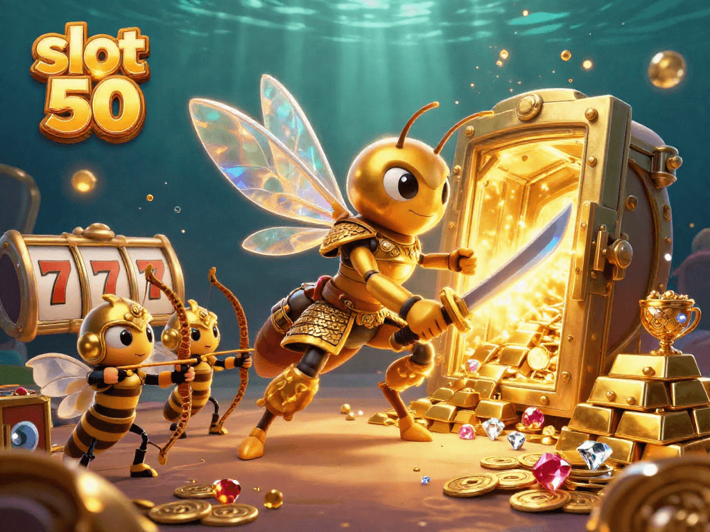 Engage with slot bet 50 featuring a vibrant 3D scene with a hornet warrior amidst dazzling casino treasures.