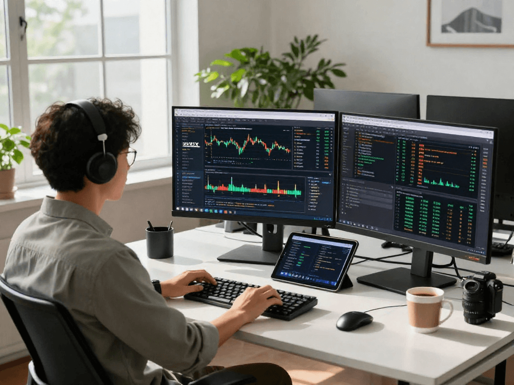 Developer analyzing HKEX stock data feed in a modern trading workspace with multiple monitors and professional atmosphere.