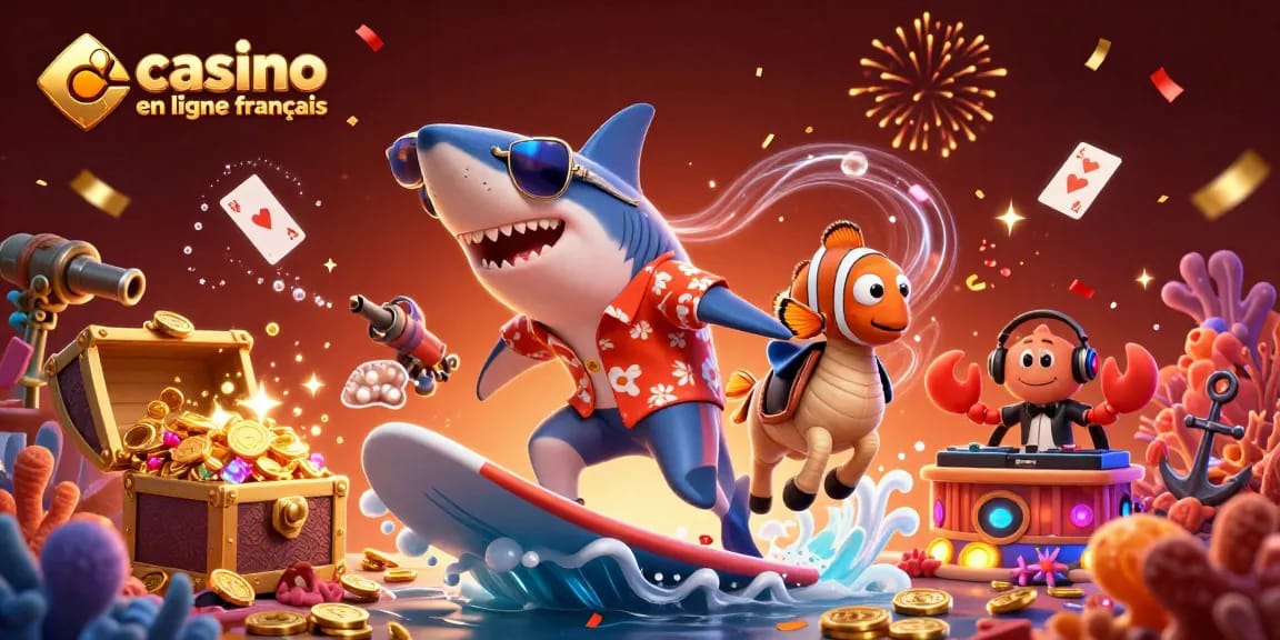 Jouez dans un casino en ligne français avec un poisson clown stylé et un requin surfant sur des pièces d'or.